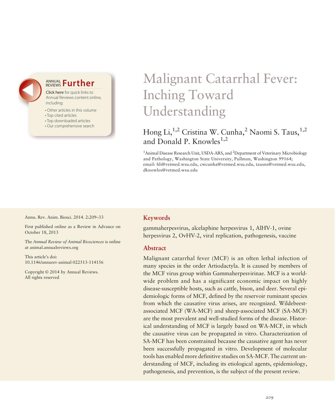 Malignant Catarrhal Fever: Inching Toward Understanding by Hong Li Cristina W.Cunha Naomi S. Taus Donald P. Knowles
