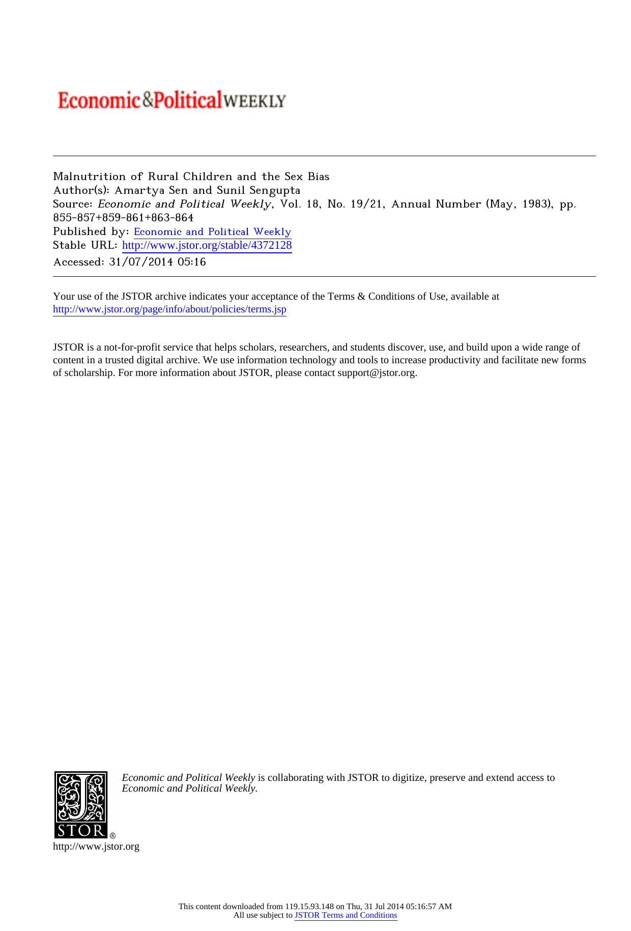Malnutrition of Rural Children and the Sex Bias by Malnutrition of Rural Children & the Sex Bias