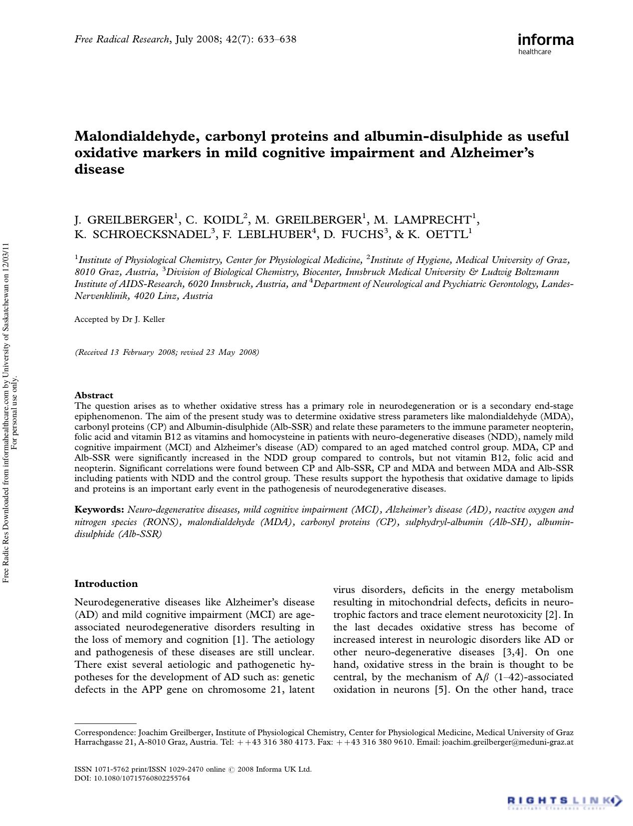 Malondialdehyde, carbonyl proteins and albumin-disulphide as useful oxidative markers in mild cognitive impairment and Alzheimer's disease by unknow