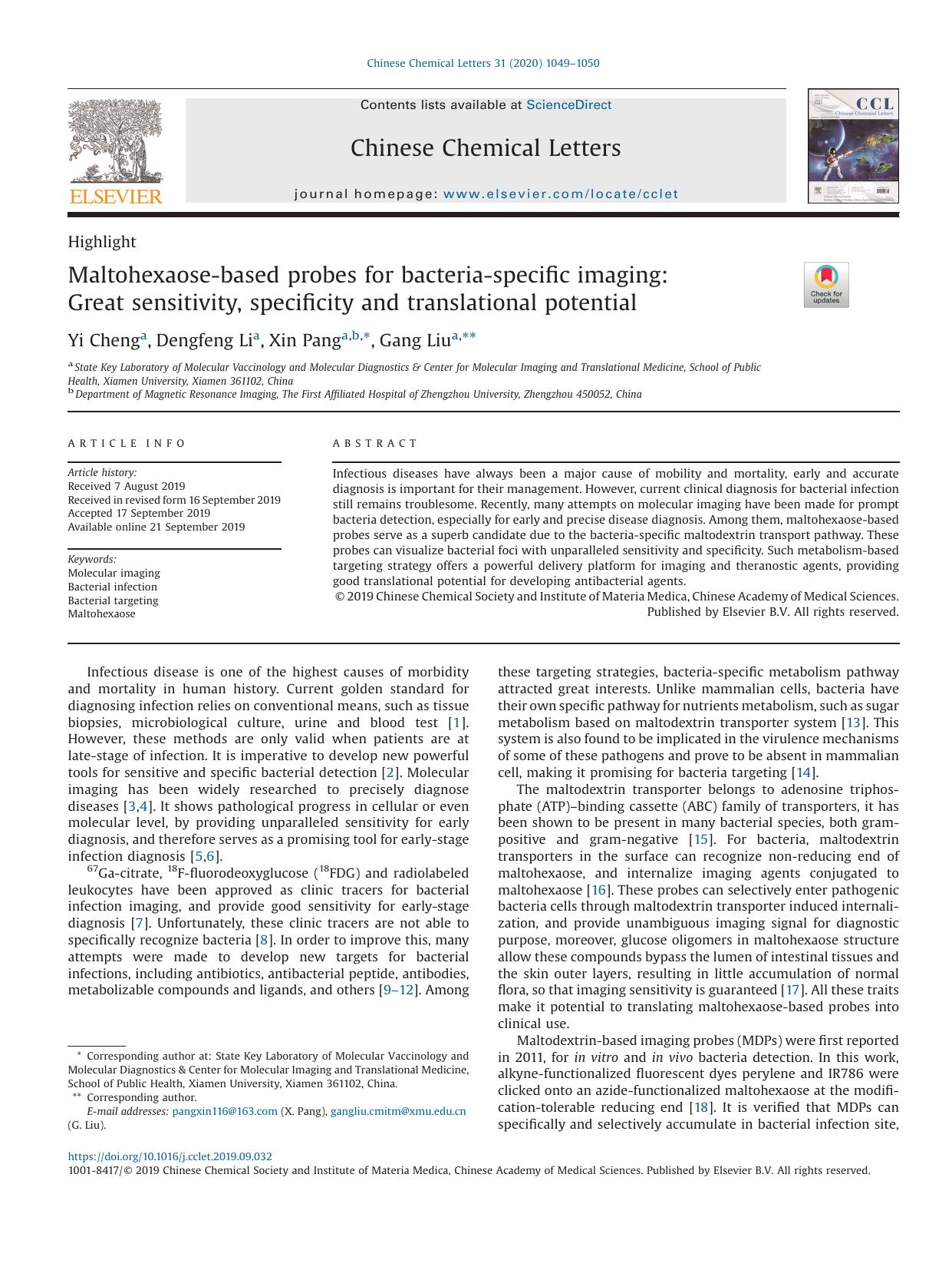 Maltohexaose-based probes for bacteria-specific imaging: Great sensitivity, specificity and translational potential by Yi Cheng & Dengfeng Li & Xin Pang & Gang Liu