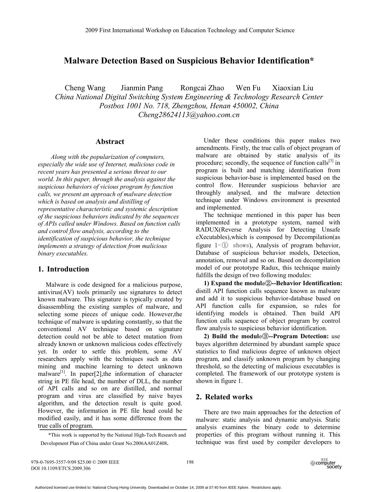 Malware Detection Based on Suspicious Behavior Identification by Cheng Wang Jianmin Pang Rongcai Zhao Wen Fu Xiaoxian Liu