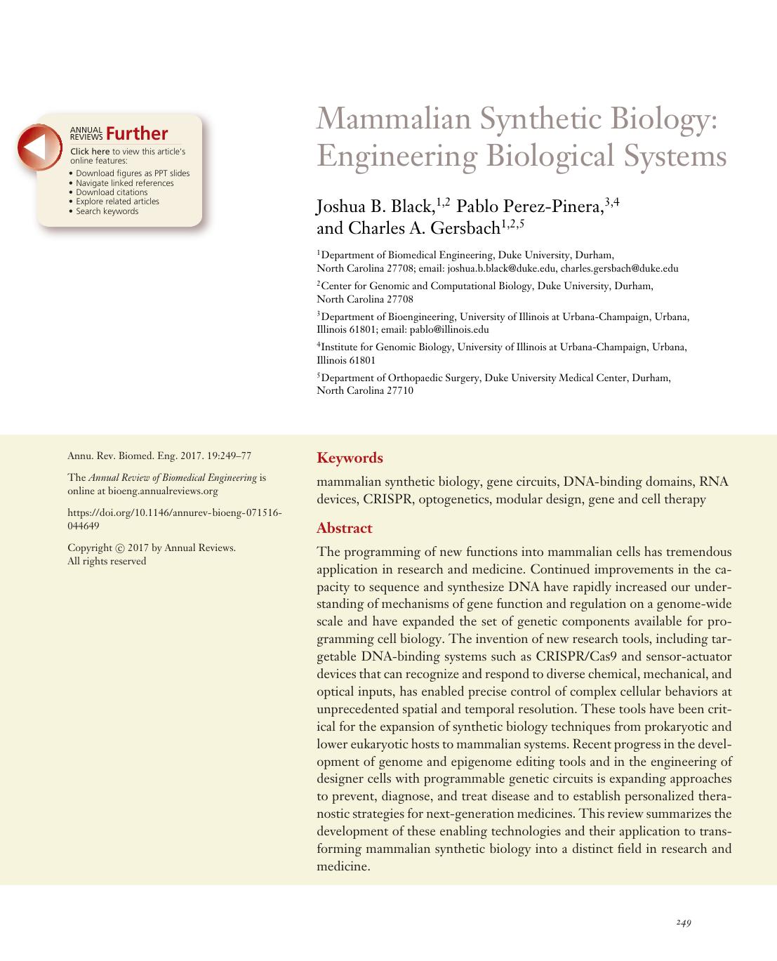 Mammalian Synthetic Biology: Engineering Biological Systems by Joshua B. Black Pablo Perez-Pinera Charles A. Gersbach