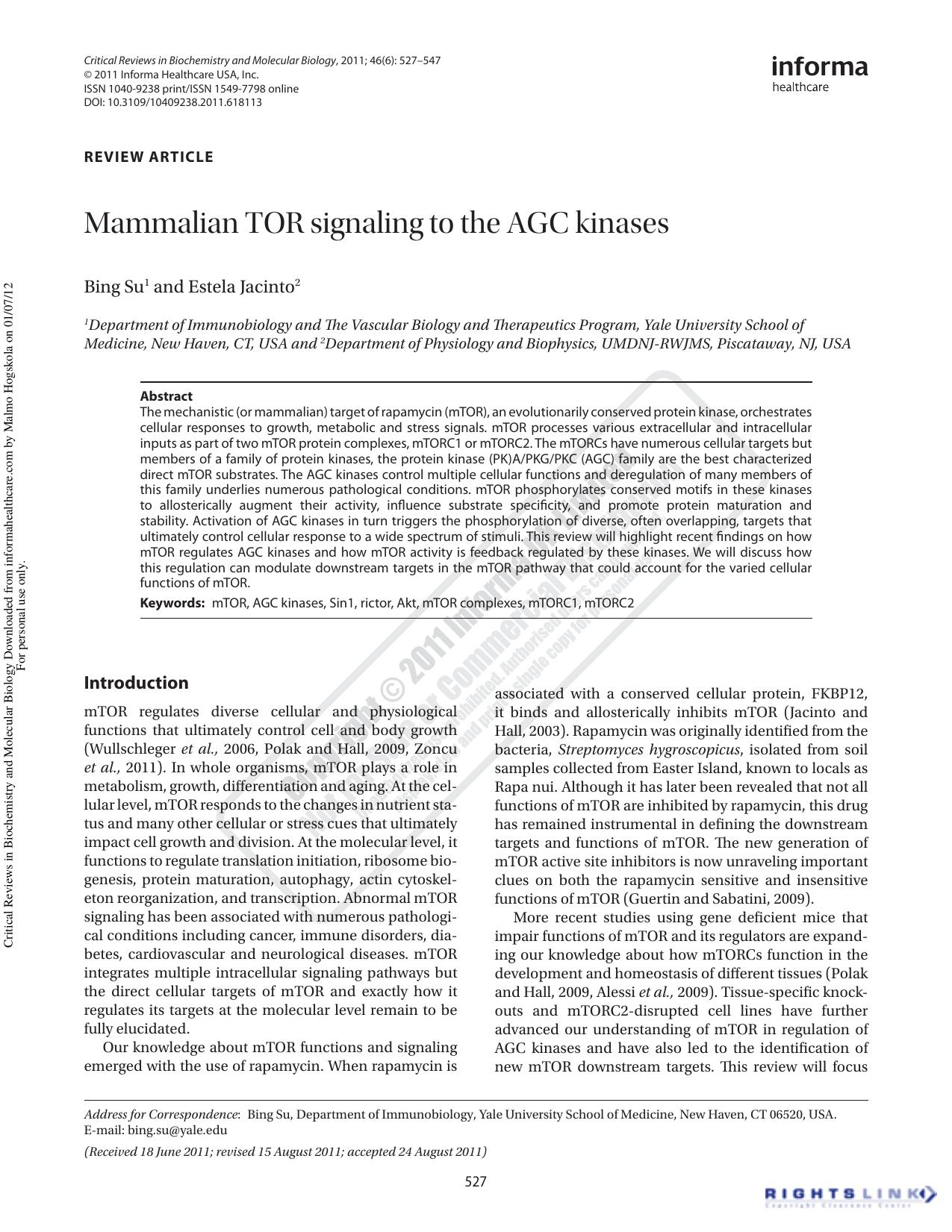 Mammalian TOR signaling to the AGC kinases by Bing Su1bing.su@yale.edu Estela Jacinto2
