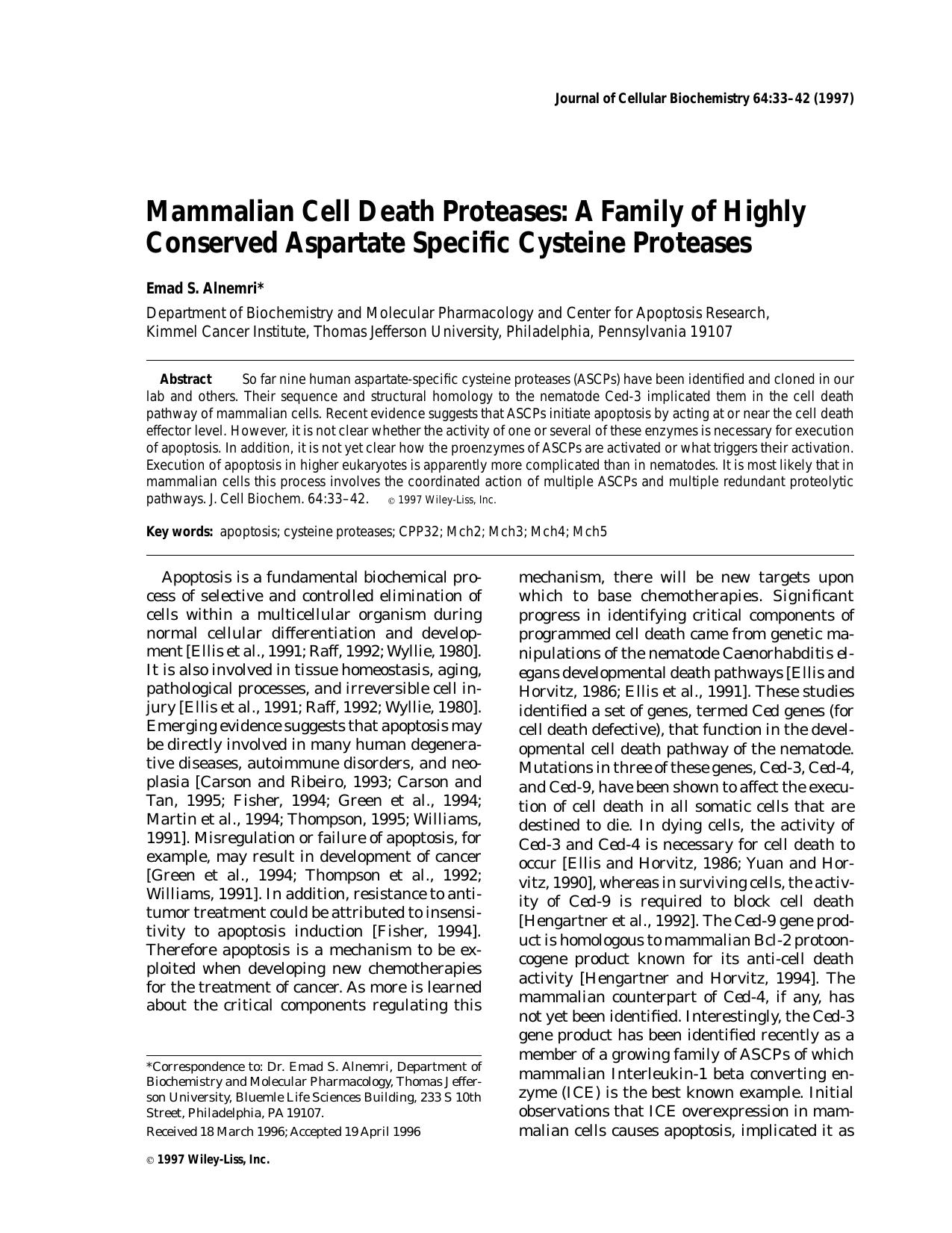 Mammalian cell death proteases: A family of highly conserved aspartate specific cysteine proteases by Unknown