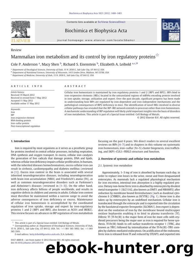 Mammalian iron metabolism and its control by iron regulatory proteins by Cole P. Anderson & Macy Shen & Richard S. Eisenstein & Elizabeth A. Leibold