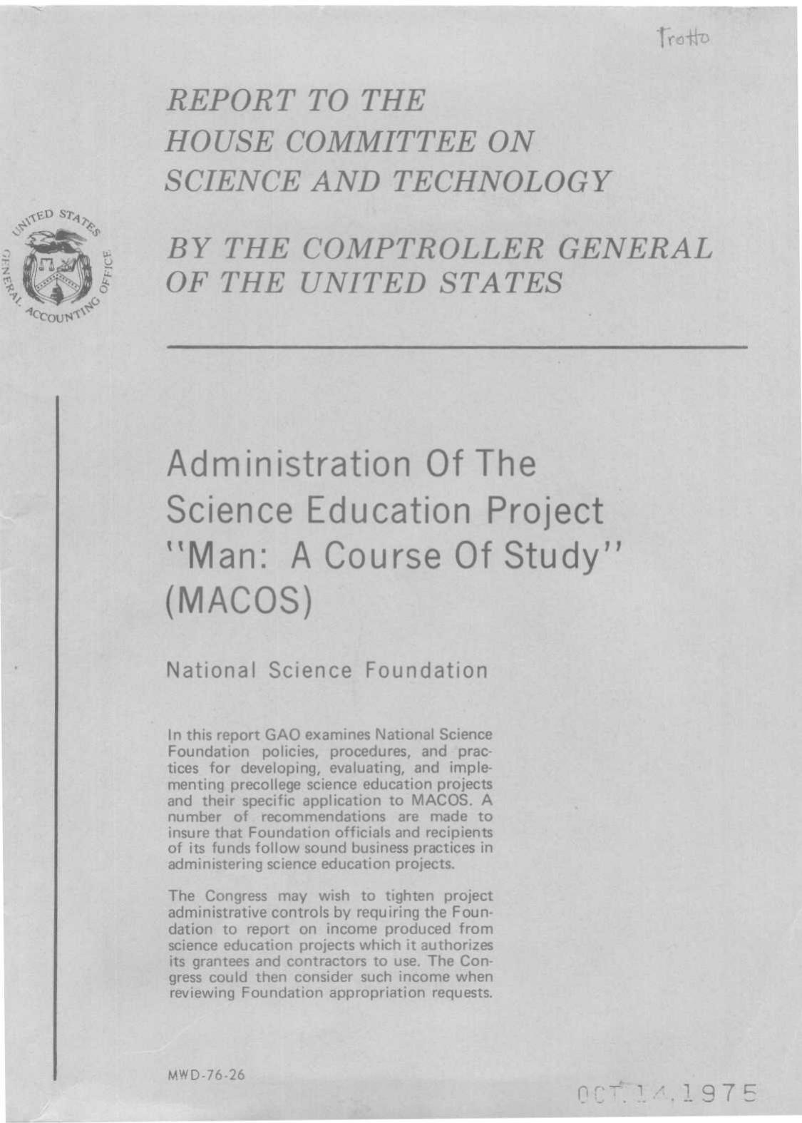 Man A Course Of Study-National Science Foundation-GAO Report-1975-67pgs-GOV-PSY-EDU by Unknown