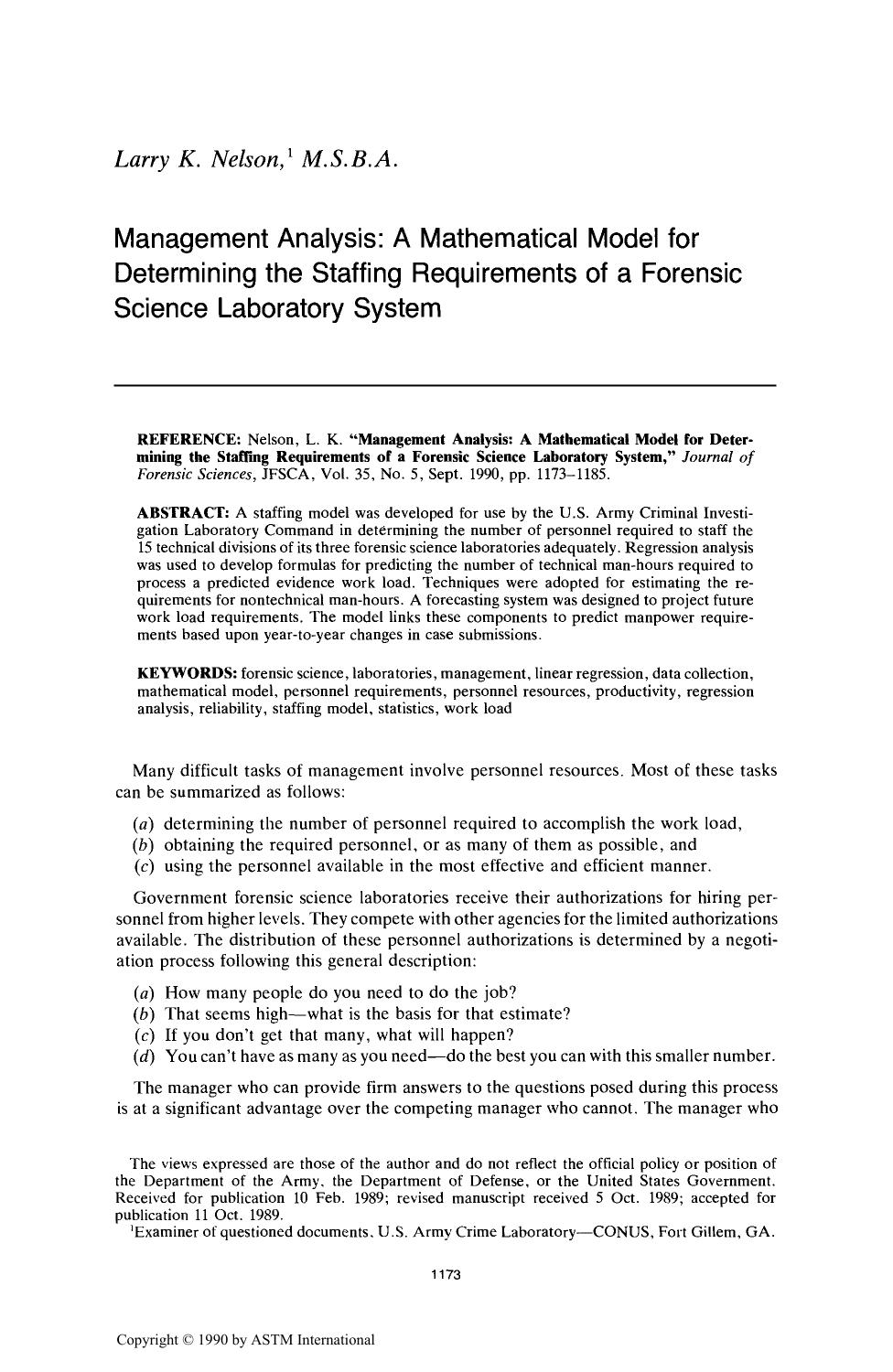 Management Analysis: A Mathematical Model for Determining the Staffing Requirements of a Forensic Science Laboratory System by Nelson LK