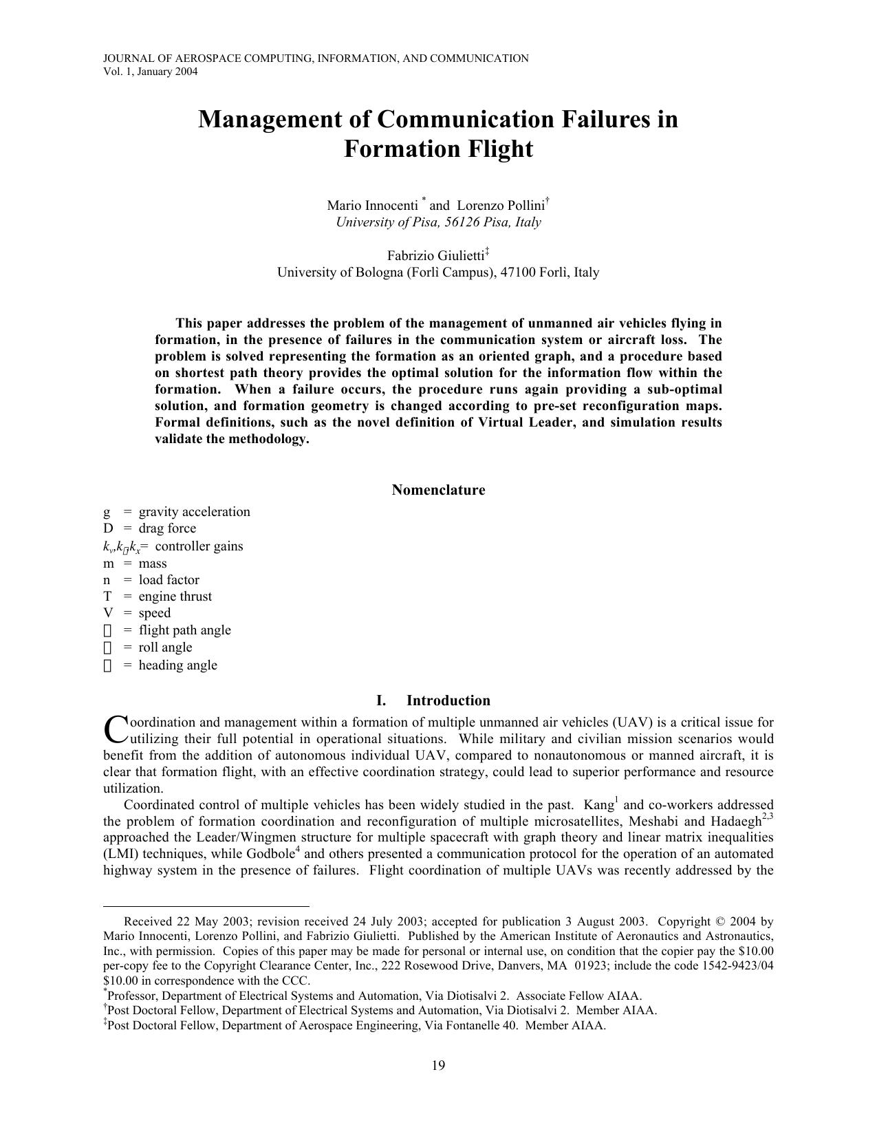 Management of Communication Failures in Formation Flight by Unknown