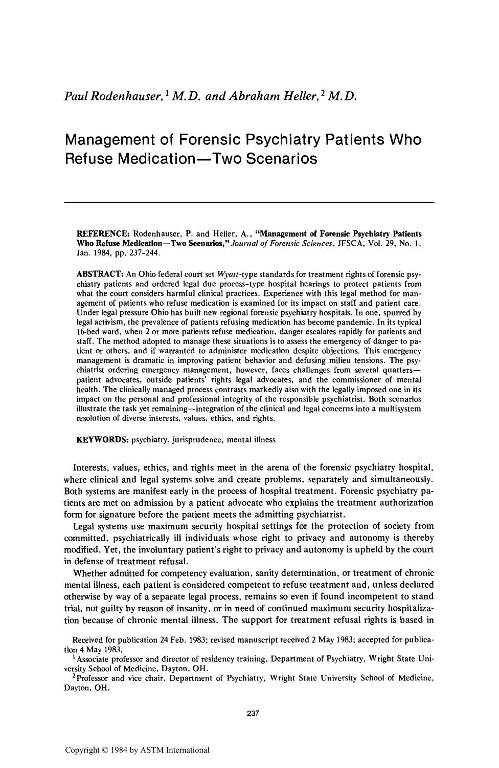 Management of Forensic Psychiatry Patients Who Refuse MedicationŁTwo Scenarios by Rodenhauser P Heller A