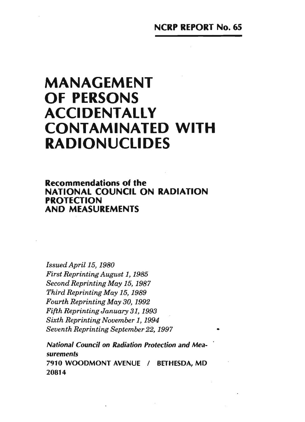Management of Persons Accidentally Contaminated With Radionuclides (N C R P Report) by National Council on Radiation Protection and Measurements