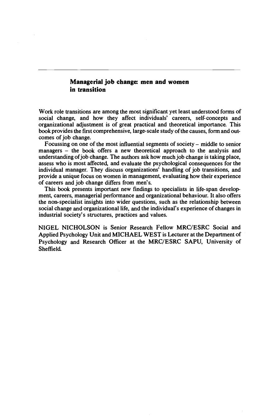 Managerial Job Change: Men and Women in Transition by Nigel Nicholson Michael West