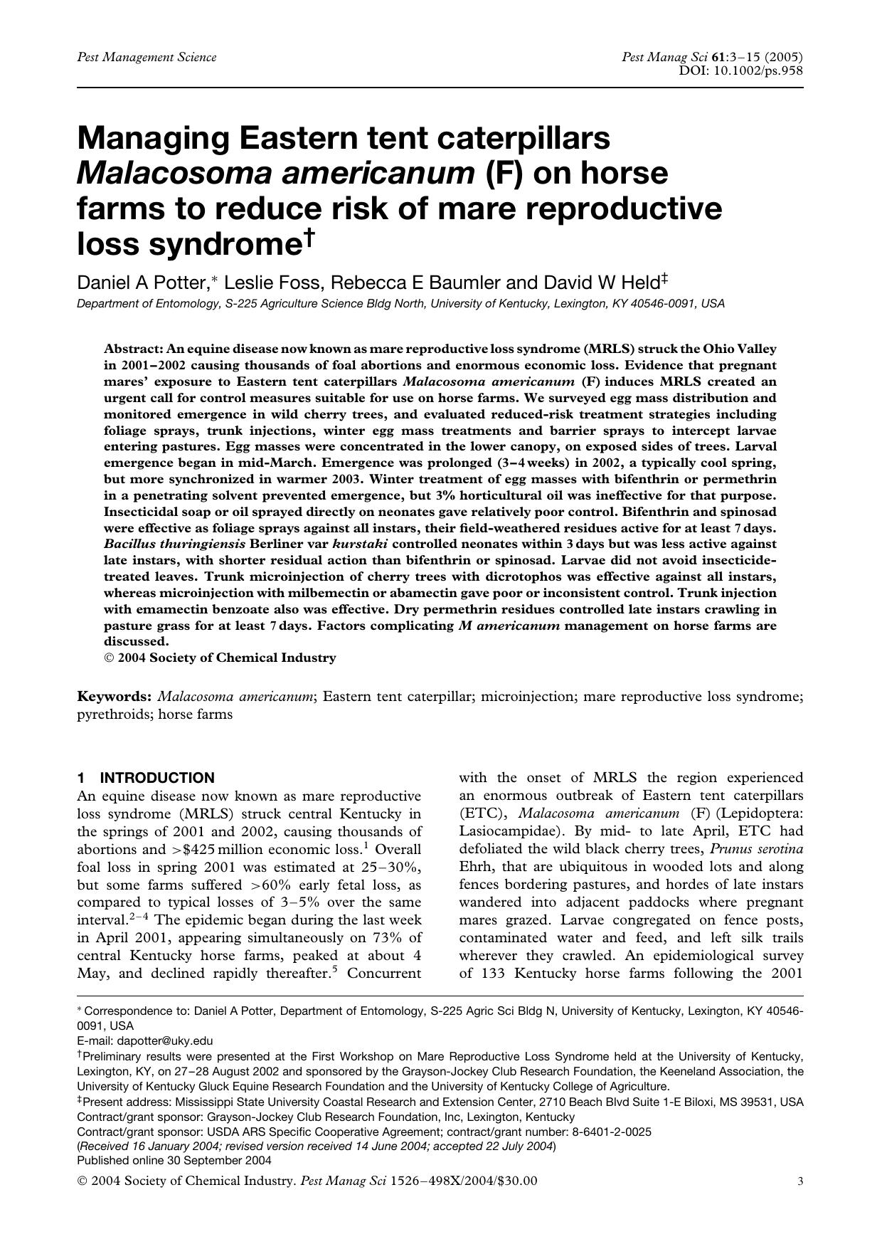 Managing Eastern tent caterpillars Malacosoma americanum (F) on horse farms to reduce risk of mare reproductive loss syndrome by Unknown