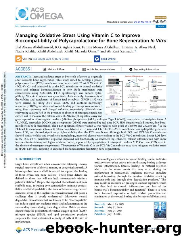 Managing Oxidative Stress Using Vitamin C to Improve Biocompatibility of Polycaprolactone for Bone Regeneration In Vitro by unknow