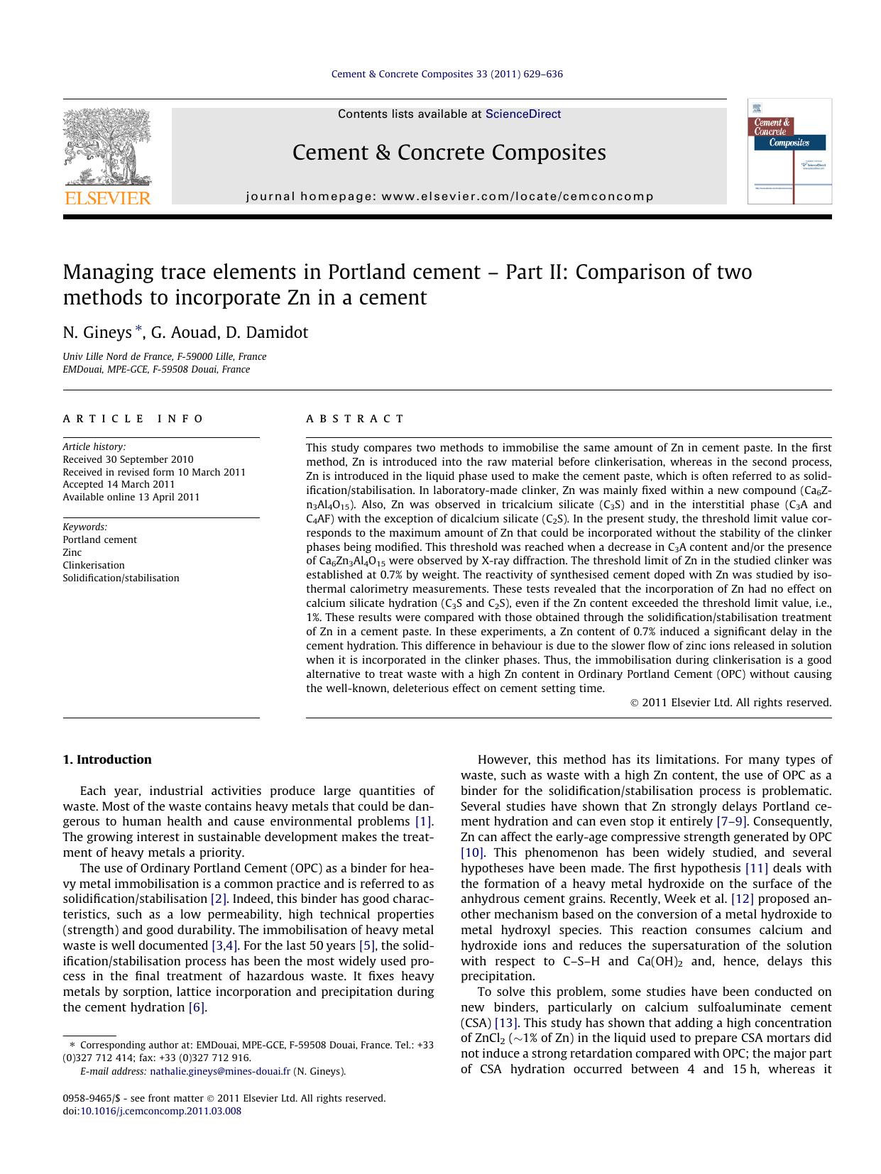 Managing trace elements in Portland cement Ã¢â¬â Part II: Comparison of two methods to incorporate Zn in a cement by N. Gineys & G. Aouad & D. Damidot
