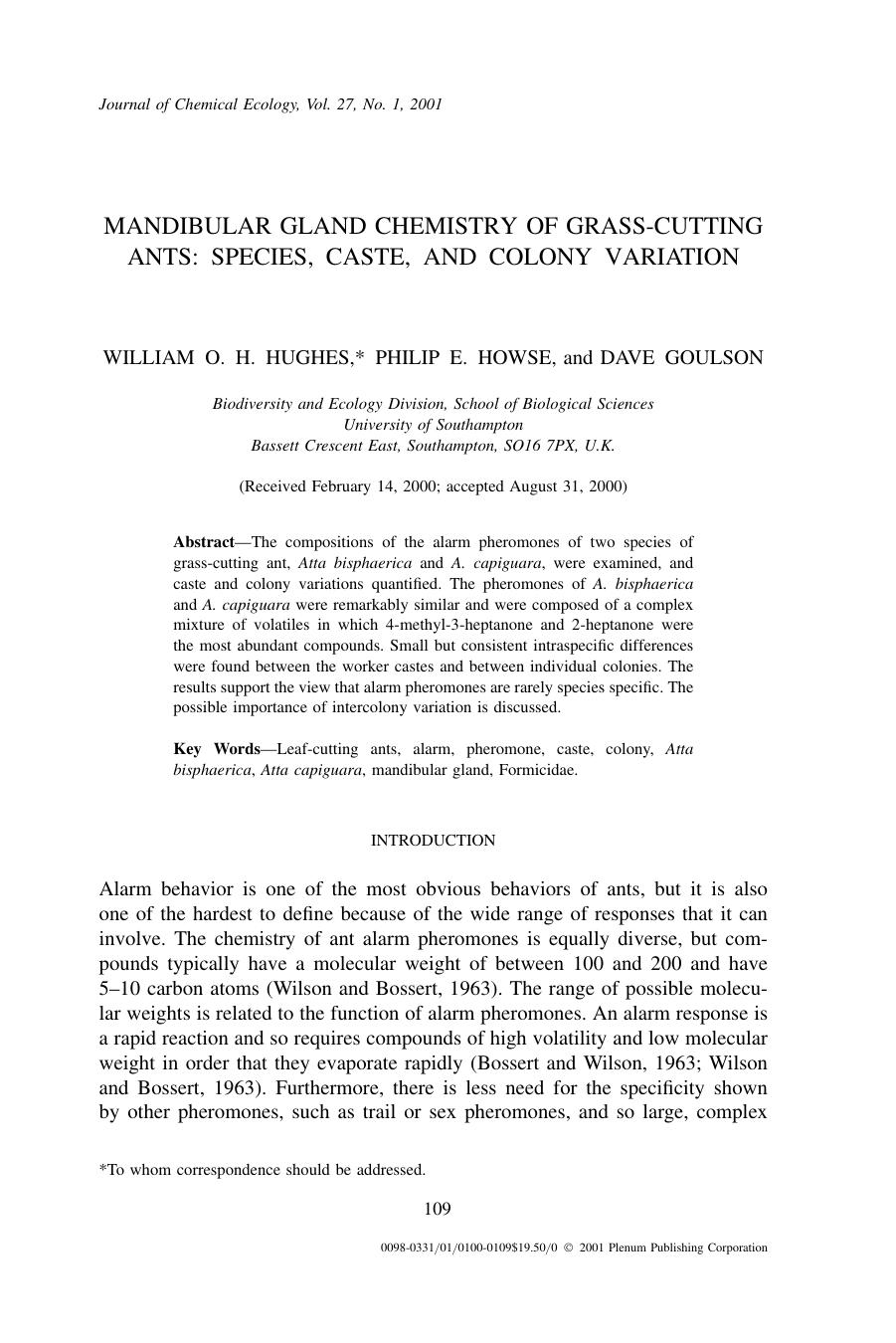 Mandibular Gland Chemistry of Grass-cutting Ants: Species, Caste, and Colony Variation by Unknown