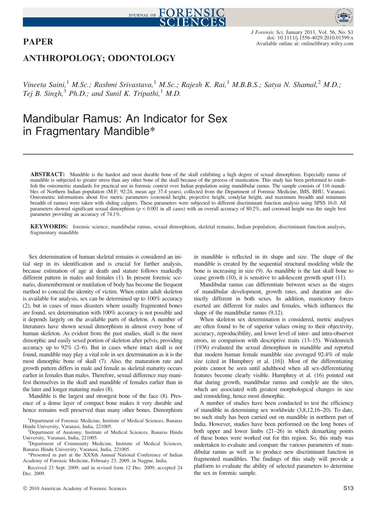 Mandibular Ramus: An Indicator for Sex in Fragmentary Mandible by Unknown