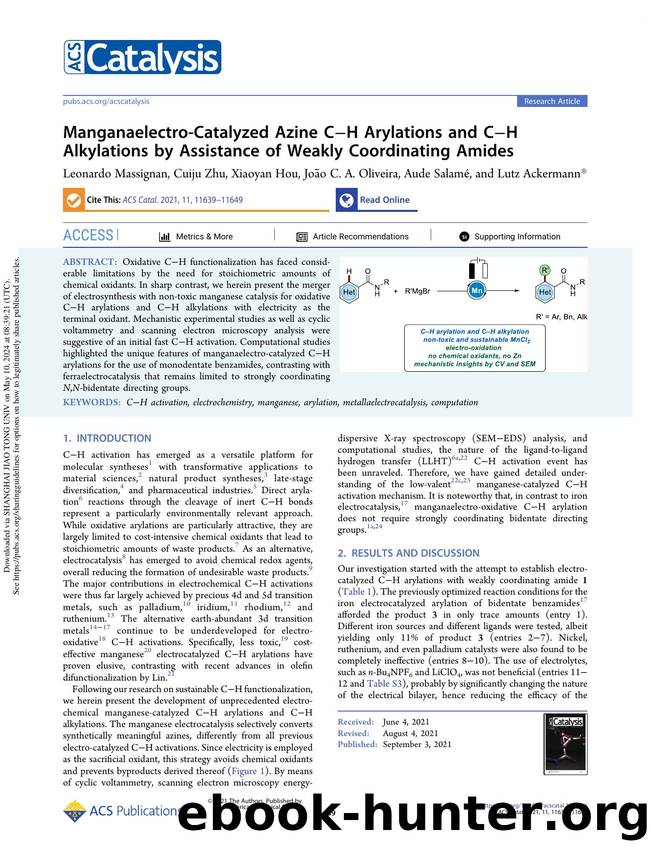 Manganaelectro-Catalyzed Azine CâH Arylations and CâH Alkylations by Assistance of Weakly Coordinating Amides by Leonardo Massignan Cuiju Zhu Xiaoyan Hou João C. A. Oliveira Aude Salamé & Lutz Ackermann