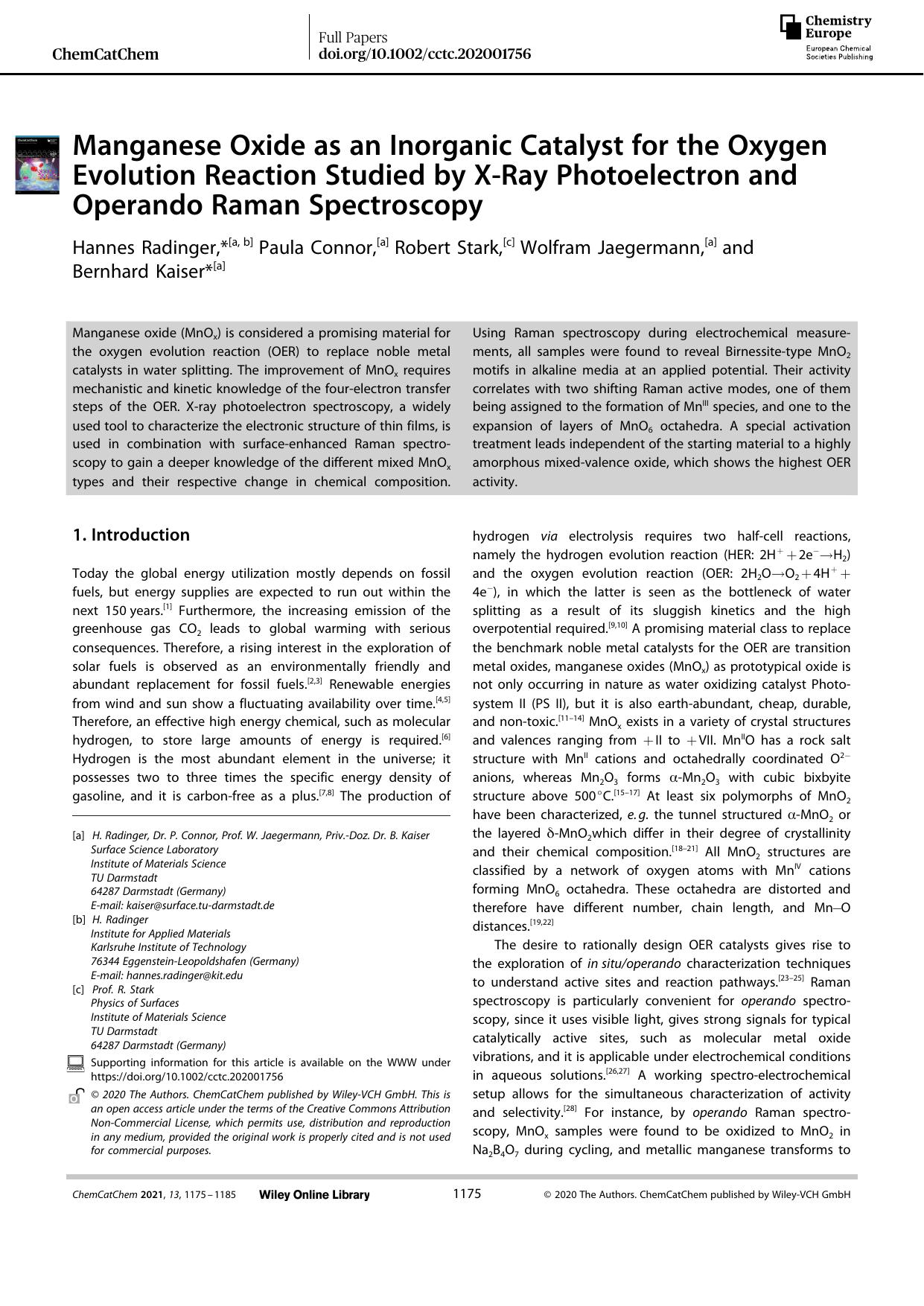 Manganese Oxide as an Inorganic Catalyst for the Oxygen Evolution Reaction Studied by XâRay Photoelectron and Operando Raman Spectroscopy by Unknown