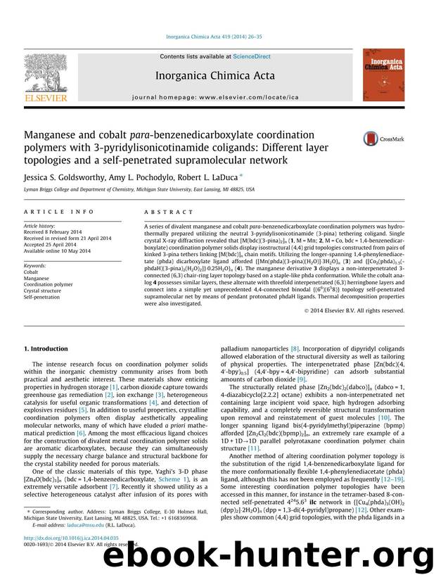 Manganese and cobalt para-benzenedicarboxylate coordination polymers with 3-pyridylisonicotinamide coligands: Different layer topologies and a self-penetrated supramolecular network by Jessica S. Goldsworthy & Amy L. Pochodylo & Robert L. LaDuca