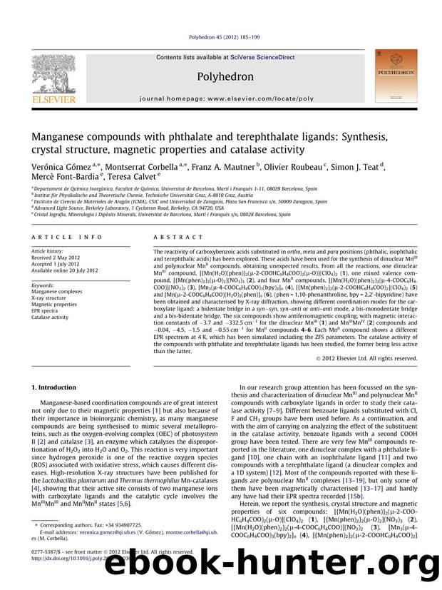 Manganese compounds with phthalate and terephthalate ligands: Synthesis, crystal structure, magnetic properties and catalase activity by unknow