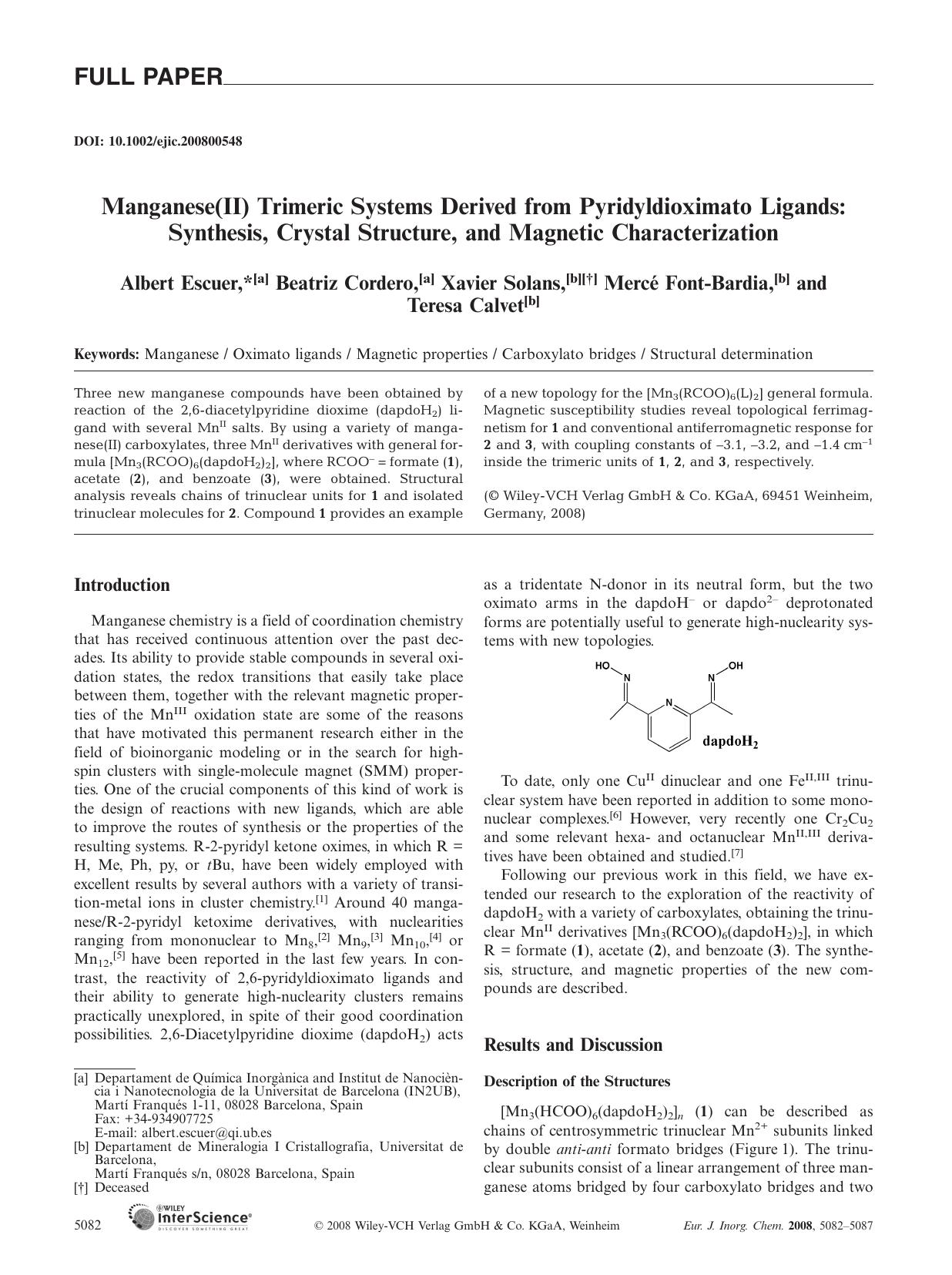 Manganese(II) Trimeric Systems Derived from Pyridyldioximato Ligands: Synthesis, Crystal Structure, and Magnetic Characterization by Unknown
