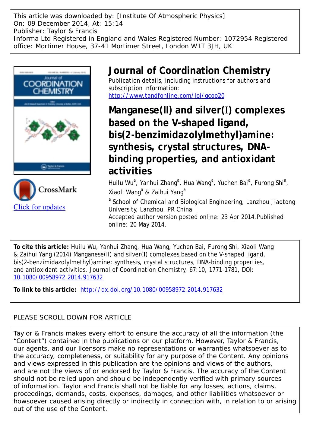 Manganese(II) and silver(Î) complexes based on the V-shaped ligand, bis(2-benzimidazolylmethyl)amine: synthesis, crystal structures, DNA-binding properties, and antioxidant activities by Huilu Wu