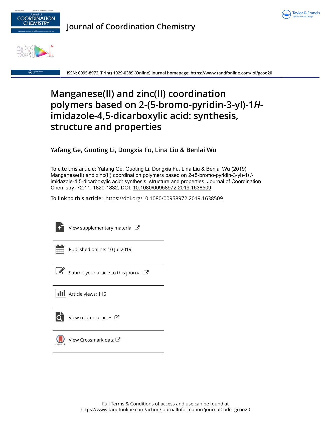 Manganese(II) and zinc(II) coordination polymers based on 2-(5-bromo-pyridin-3-yl)-1H-imidazole-4,5-dicarboxylic acid: synthesis, structure and properties by Ge Yafang & Li Guoting & Fu Dongxia & Liu Lina & Wu Benlai