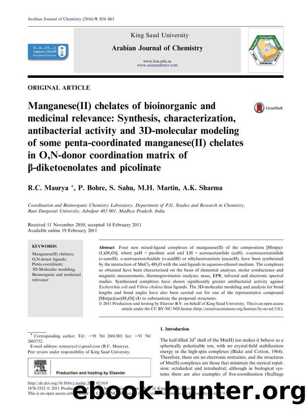 Manganese(II) chelates of bioinorganic and medicinal relevance: Synthesis, characterization, antibacterial activity and 3D-molecular modeling of some penta-coordinated manganese(II by R.C. Maurya & P. Bohre & S. Sahu & M.H. Martin & A.K. Sharma