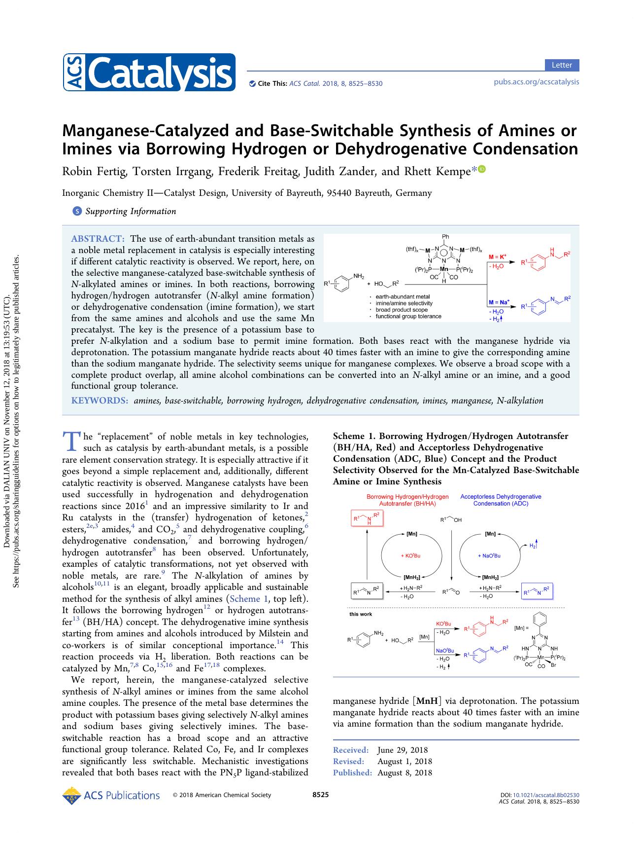 Manganese-Catalyzed and Base-Switchable Synthesis of Amines or Imines via Borrowing Hydrogen or Dehydrogenative Condensation by Robin Fertig & Torsten Irrgang & Frederik Freitag & Judith Zander & Rhett Kempe