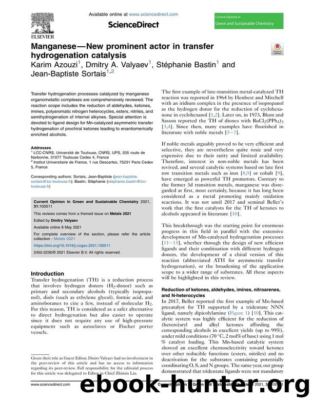 Manganese-New prominent actor in transfer hydrogenation catalysis by Karim Azouzi & Dmitry A. Valyaev & Stéphanie Bastin & Jean-Baptiste Sortais