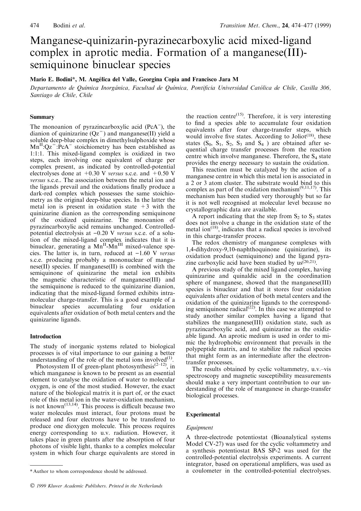 Manganese-quinizarin-pyrazinecarboxylic acid mixed-ligand complex in aprotic media. Formation of a manganese(III)- semiquinone binuclear species by Unknown