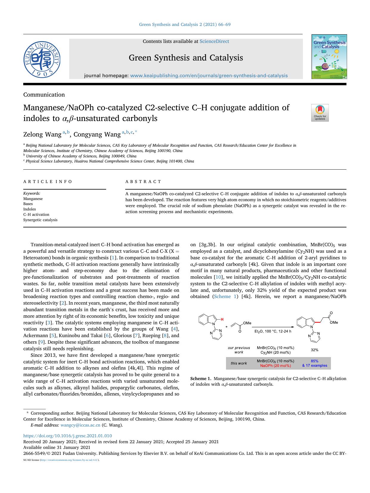 ManganeseNaOPh co-catalyzed C2-selective C-H conjugate addition of indoles to &alpha;,&beta;-unsaturated carbonyls by Zelong Wang & Congyang Wang