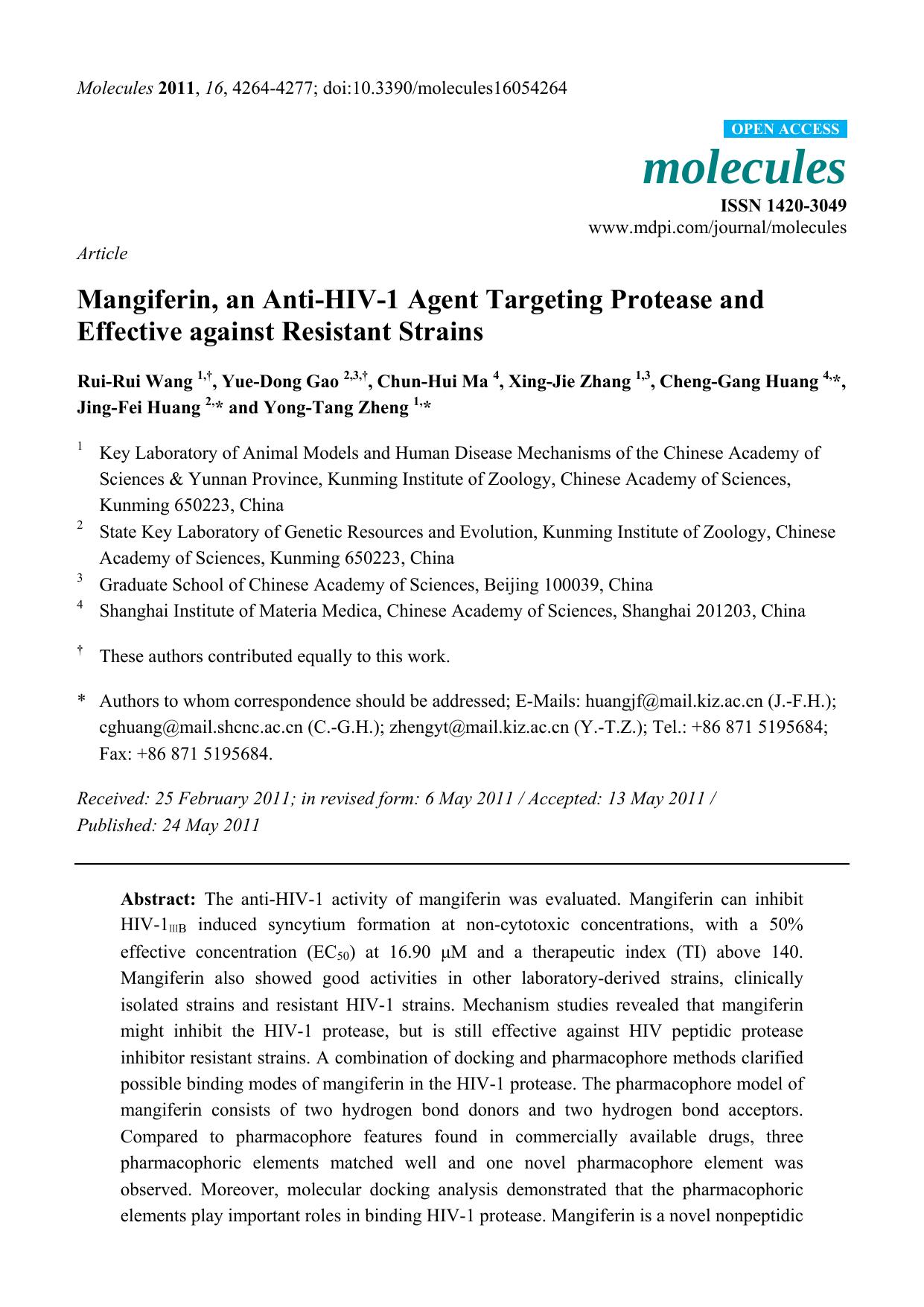 Mangiferin, an Anti-HIV-1 Agent Targeting Protease and Effective against Resistant Strains by unknow