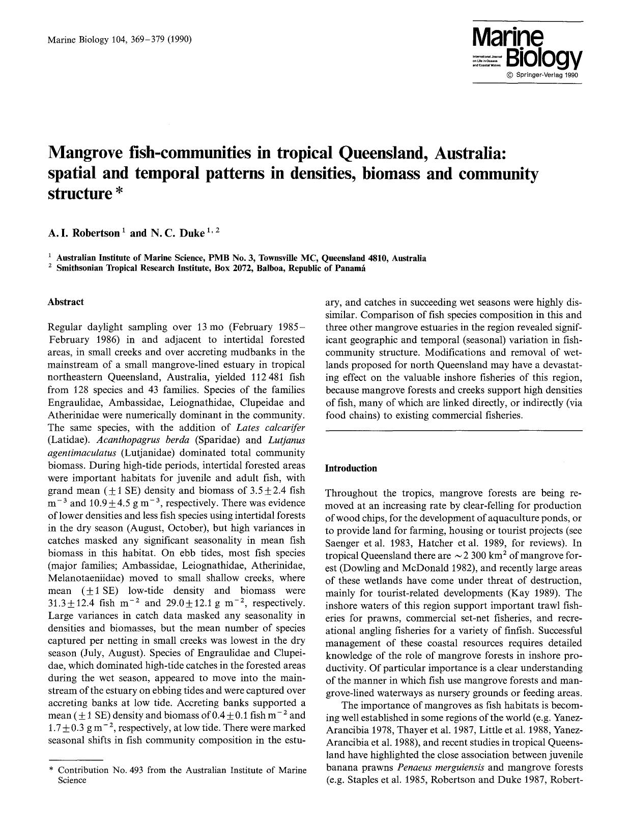 Mangrove fish-communities in tropical Queensland, Australia: Spatial and temporal patterns in densities, biomass and community structure by Unknown