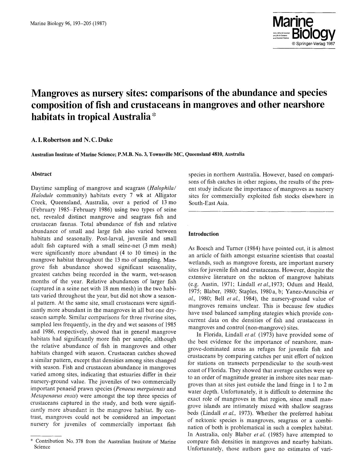 Mangroves as nursery sites: comparisons of the abundance and species composition of fish and crustaceans in mangroves and other nearshore habitats in tropical Australia by Unknown