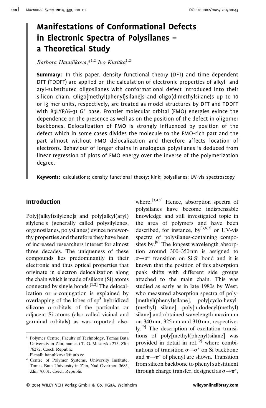 Manifestations of Conformational Defects in Electronic Spectra of Polysilanes a Theoretical Study by Unknown