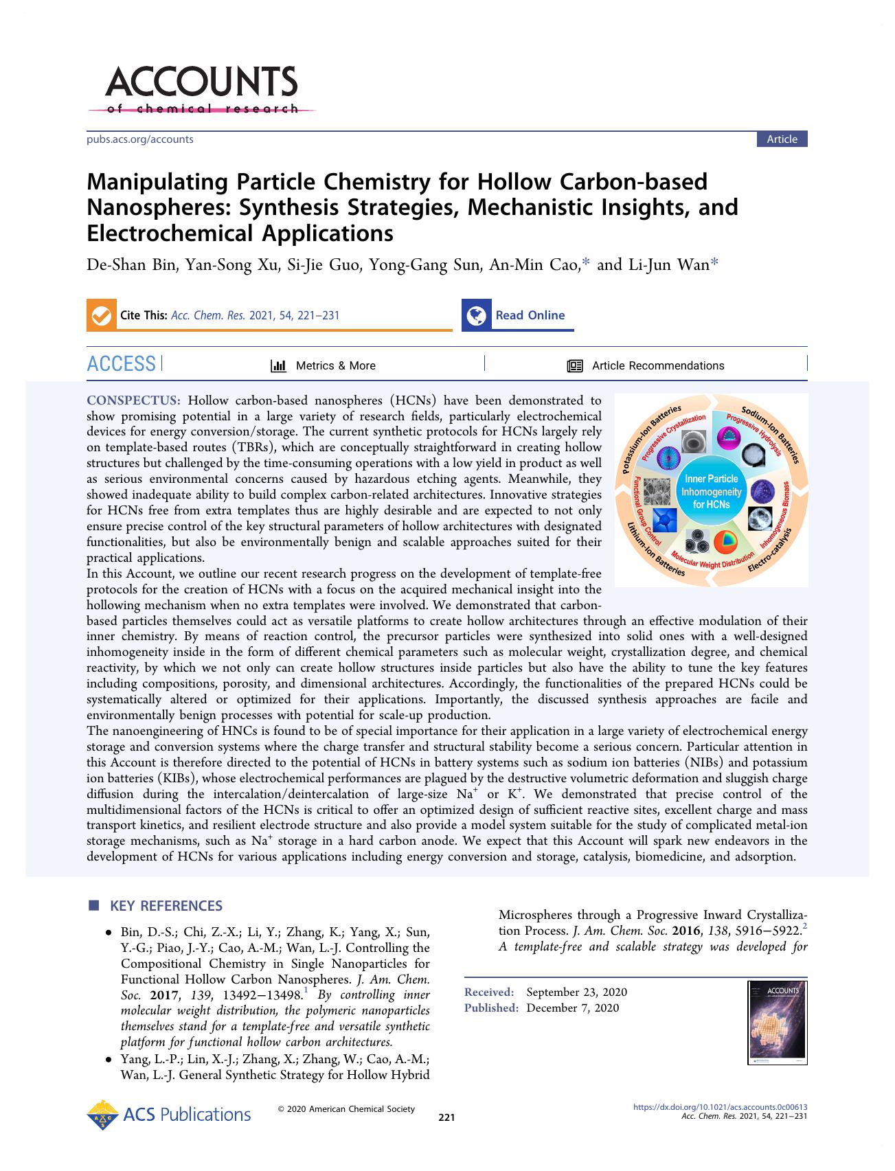 Manipulating Particle Chemistry for Hollow Carbon-based Nanospheres: Synthesis Strategies, Mechanistic Insights, and Electrochemical Applications by De-Shan Bin; Yan-Song Xu; Si-Jie Guo; Yong-Gang Sun; An-Min Cao; Li-Jun Wan