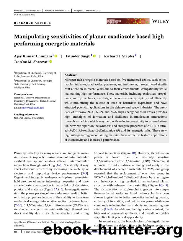 Manipulating sensitivities of planar oxadiazoleâbased high performing energetic materials. by Unknown