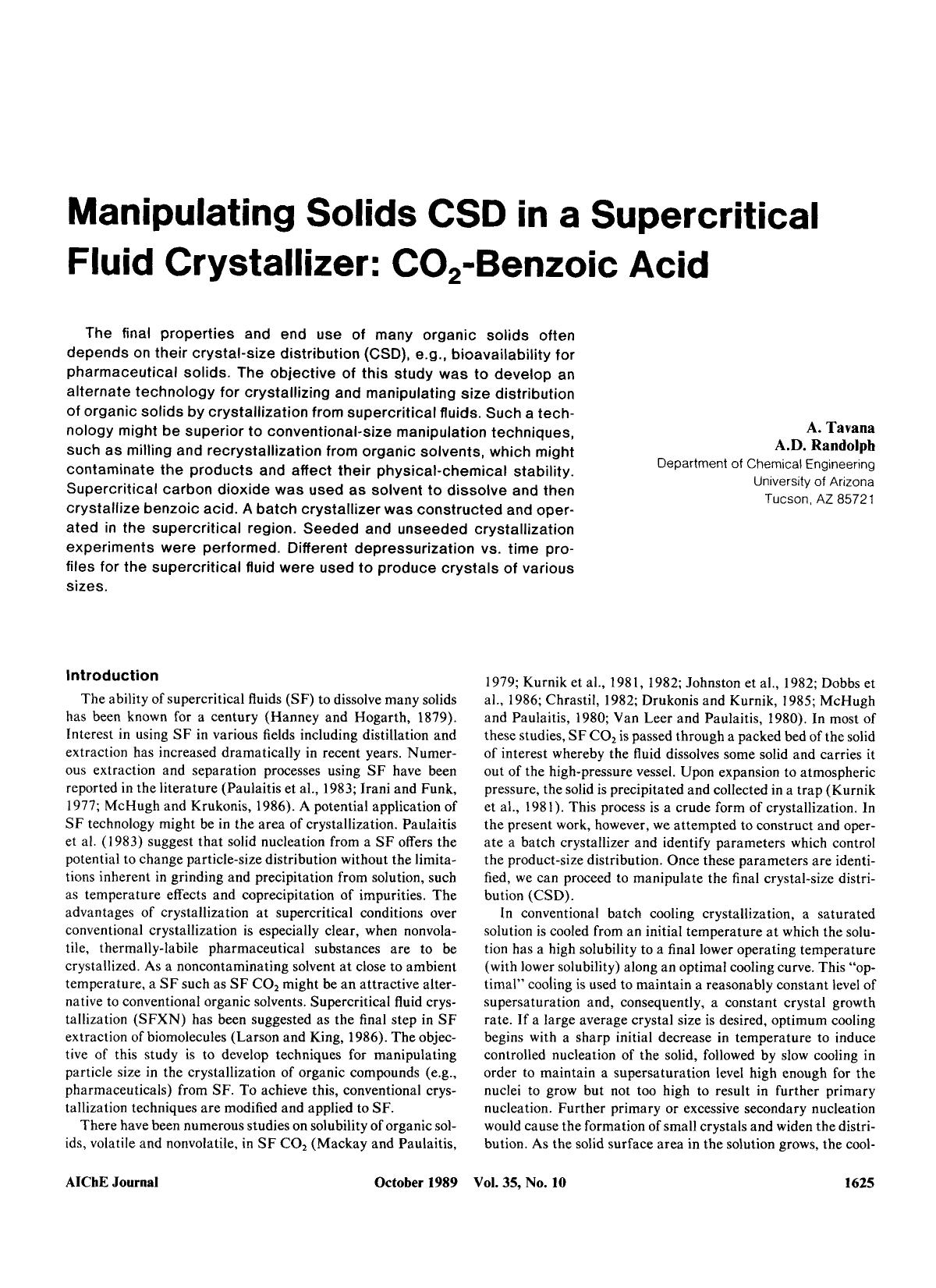 Manipulating solids CSD in a supercritical fluid crystallizer: CO2-benzoic acid by Unknown