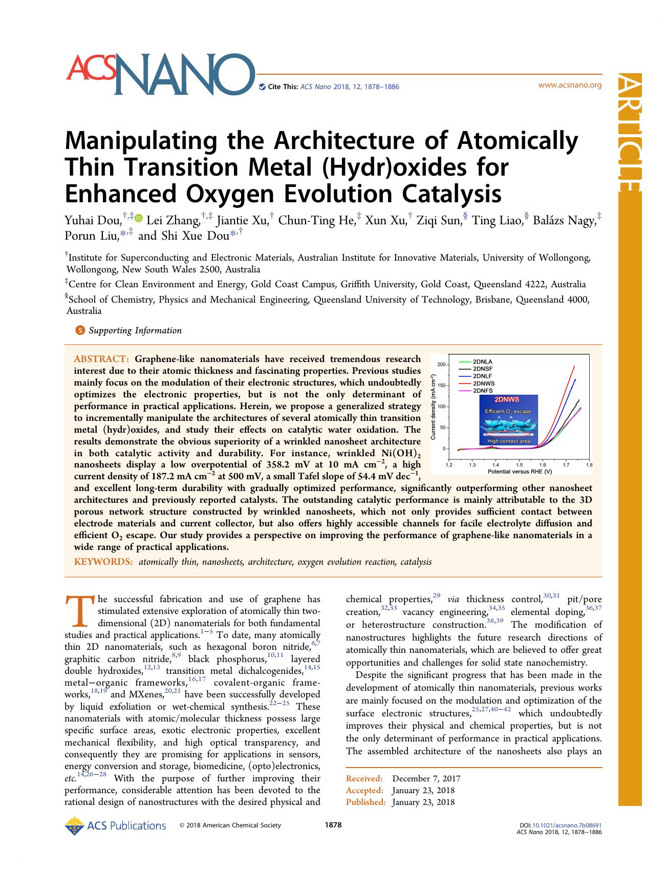 Manipulating the Architecture of Atomically Thin Transition Metal (Hydr)oxides for Enhanced Oxygen Evolution Catalysis by unknow