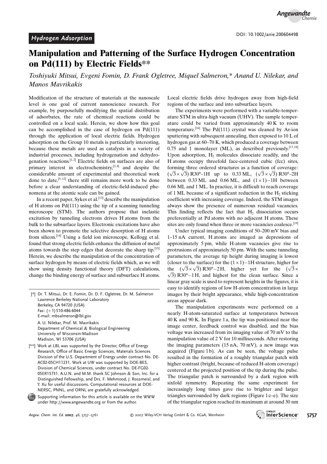 Manipulation and Patterning of the Surface Hydrogen Concentration on Pd(111) by Electric Fields by Unknown