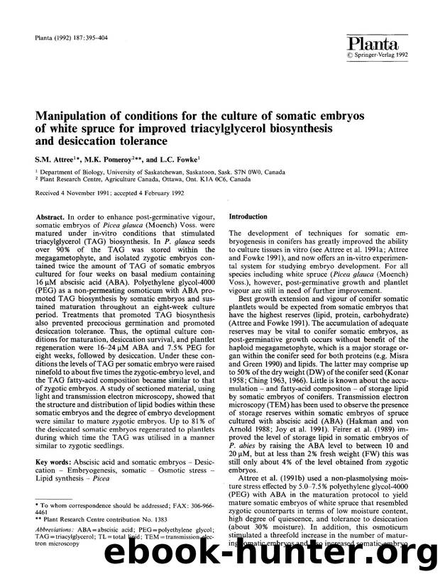 Manipulation of conditions for the culture of somatic embryos of white spruce for improved triacylglycerol biosynthesis and desiccation tolerance by Unknown