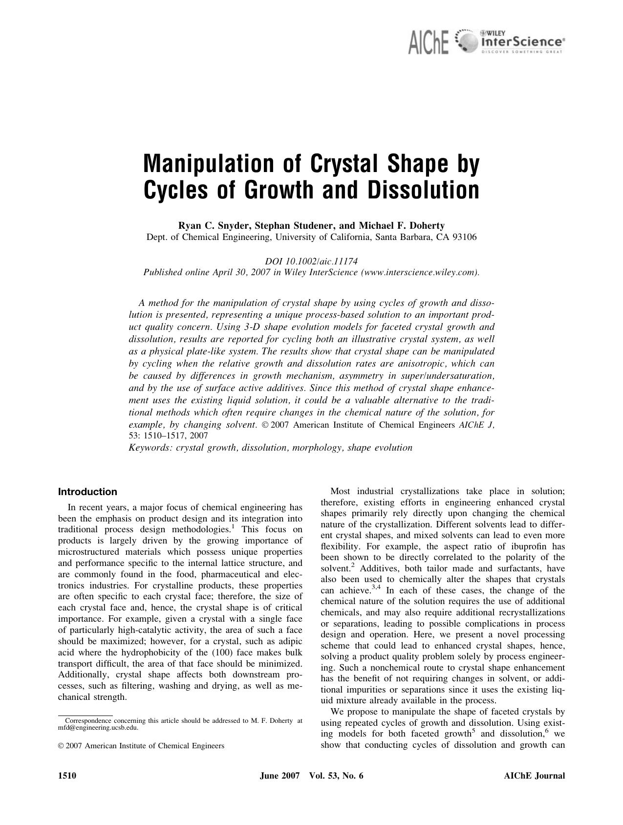Manipulation of crystal shape by cycles of growth and dissolution by Unknown
