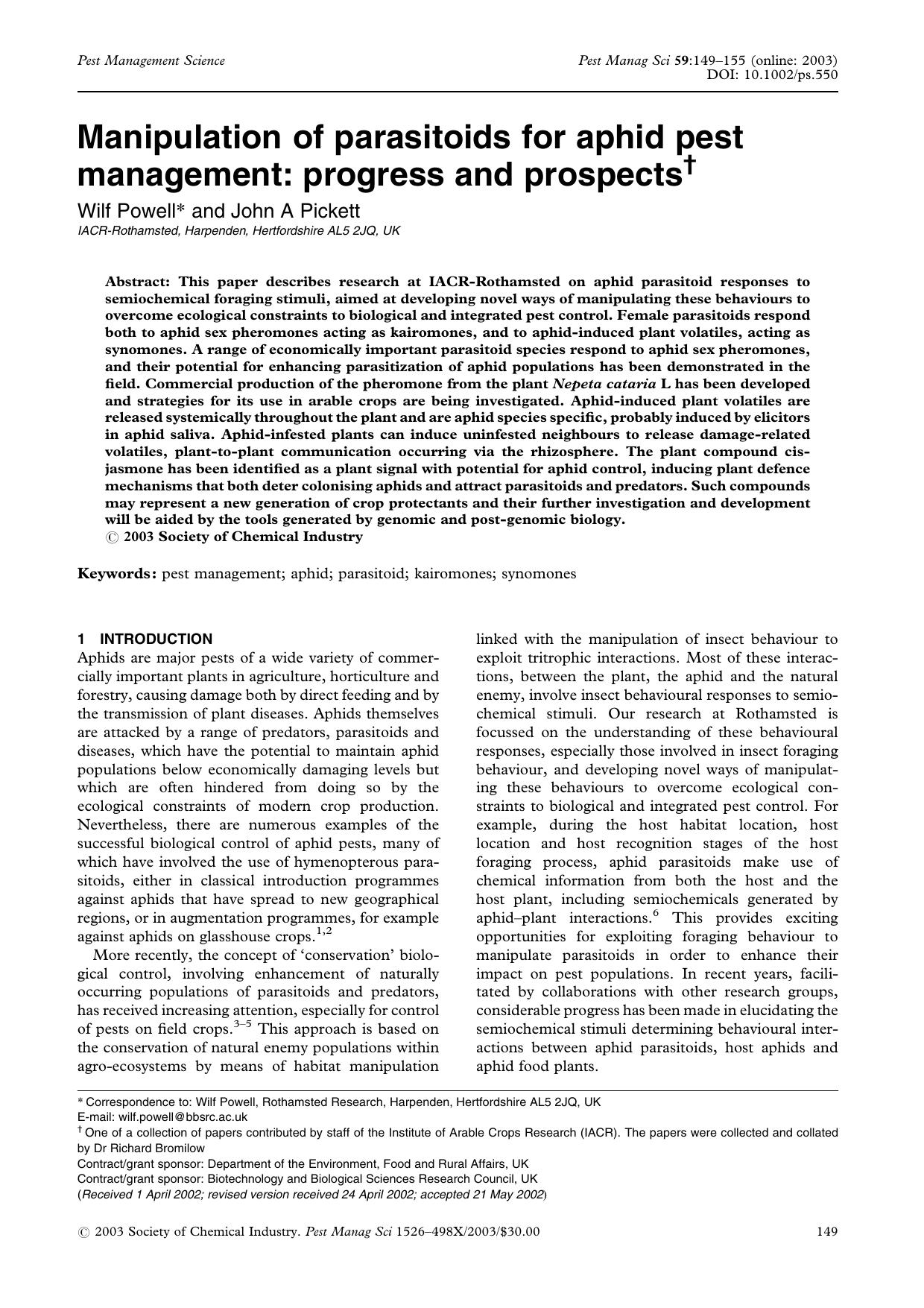 Manipulation of parasitoids for aphid pest management: progress and prospects by Unknown