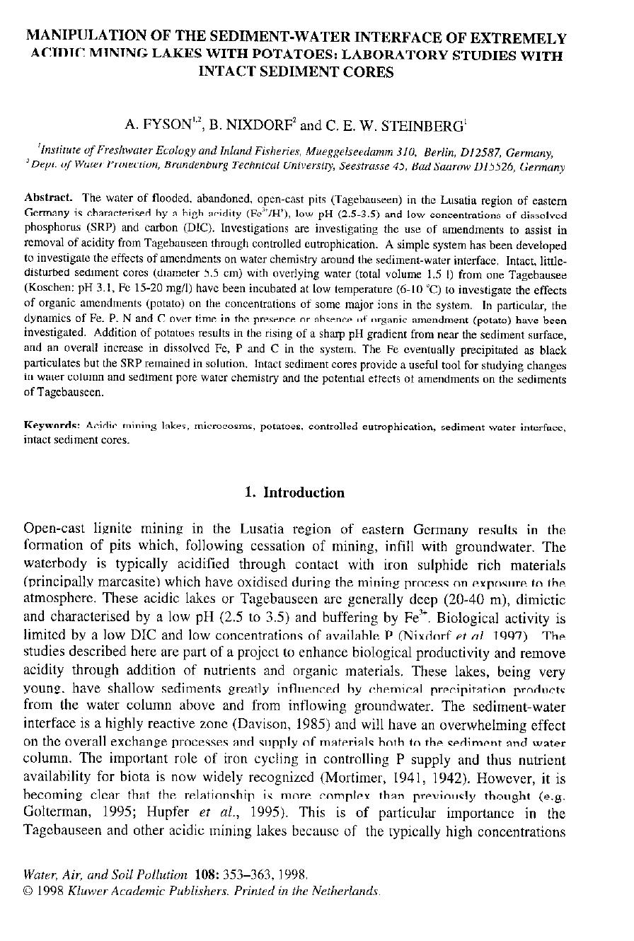 Manipulation of the Sediment-Water Interface of Extremely Acidic Mining Lakes with Potatoes: Laboratory Studies with Intact Sediment Cores by Unknown