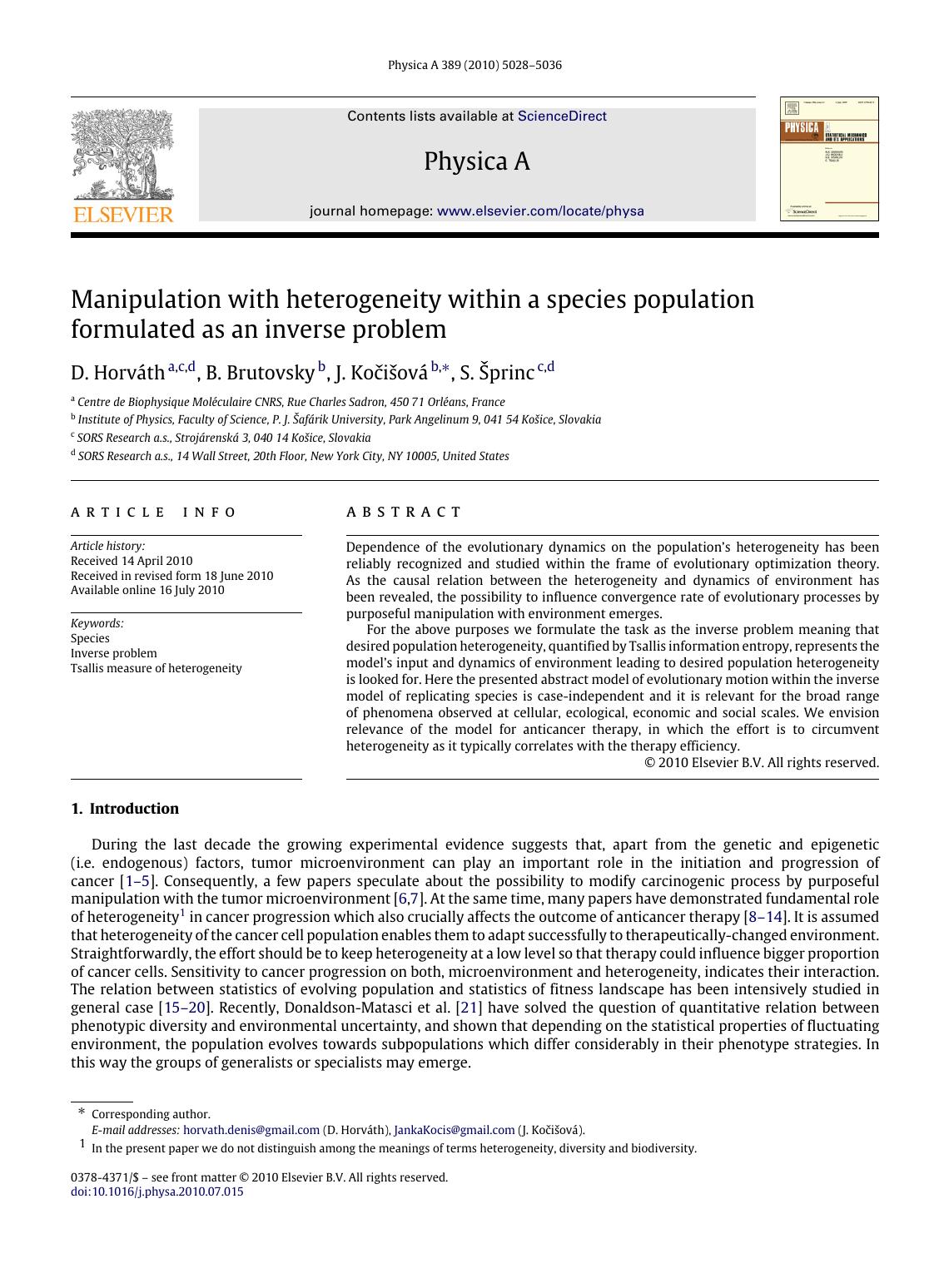 Manipulation with heterogeneity within a species population formulated as an inverse problem by D. Horváth; B. Brutovsky; J. Kočišová; S. Šprinc
