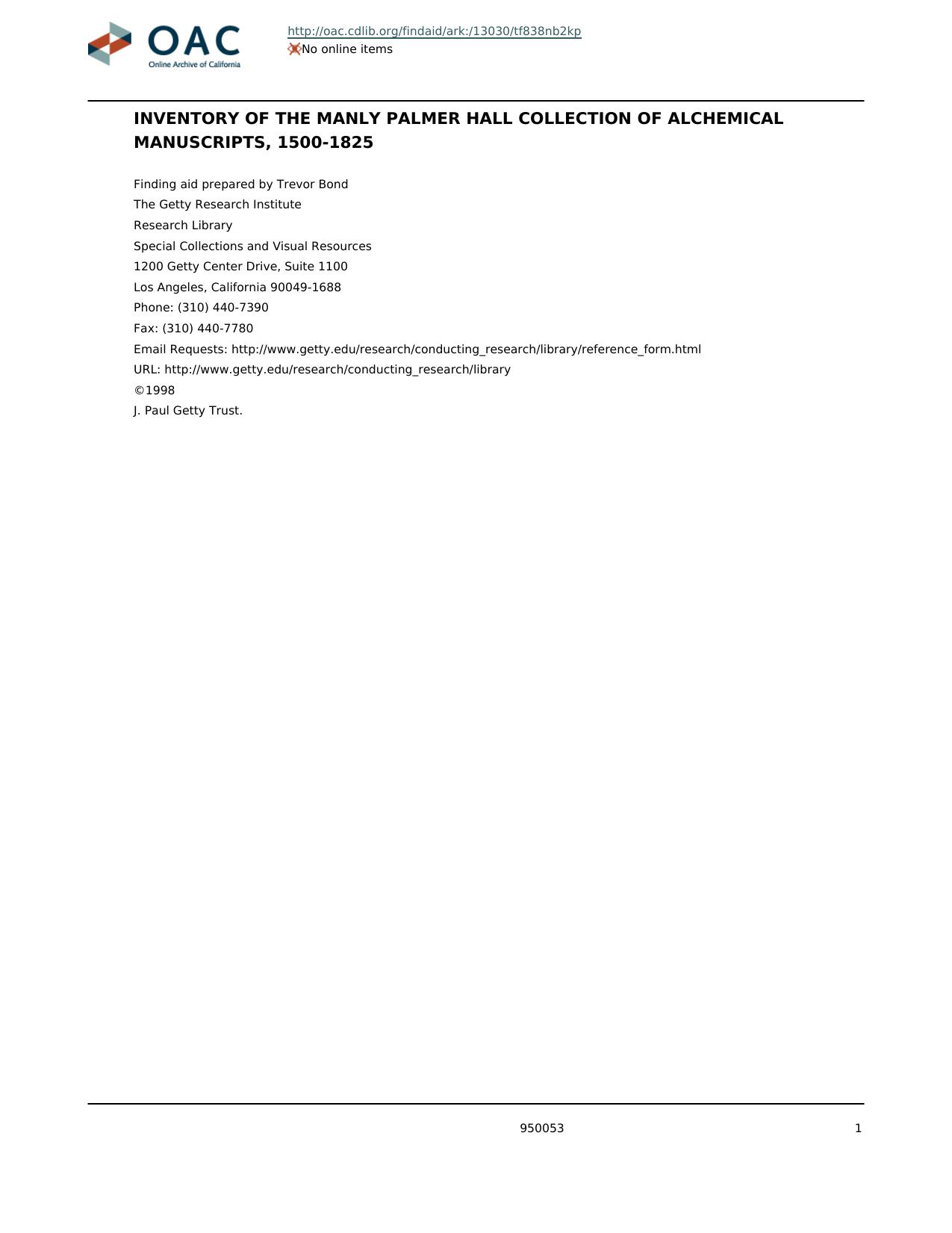 Manly Palmer Hall collection of alchemical manuscripts by Hall Manly Palmer 1901-