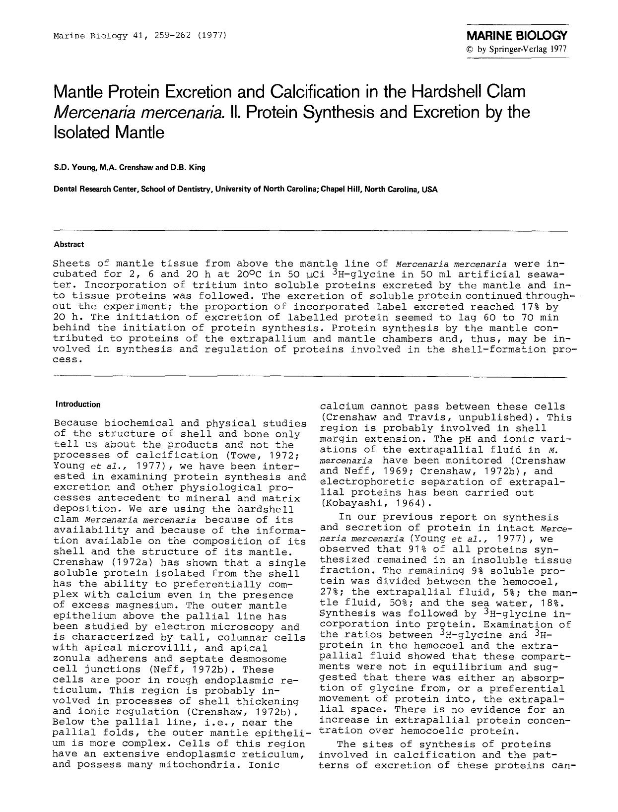 Mantle protein excretion and calcification in the hardshell clam <Emphasis Type="Italic">Mercenaria mercenaria<Emphasis>. II. Protein synthesis and excretion by the isolated mantle by Unknown