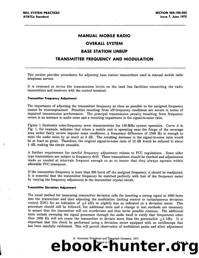 Manual Mobile Radio Overall System Base Station Lineup Transmitter Frequency and Modulation by AT&&T |