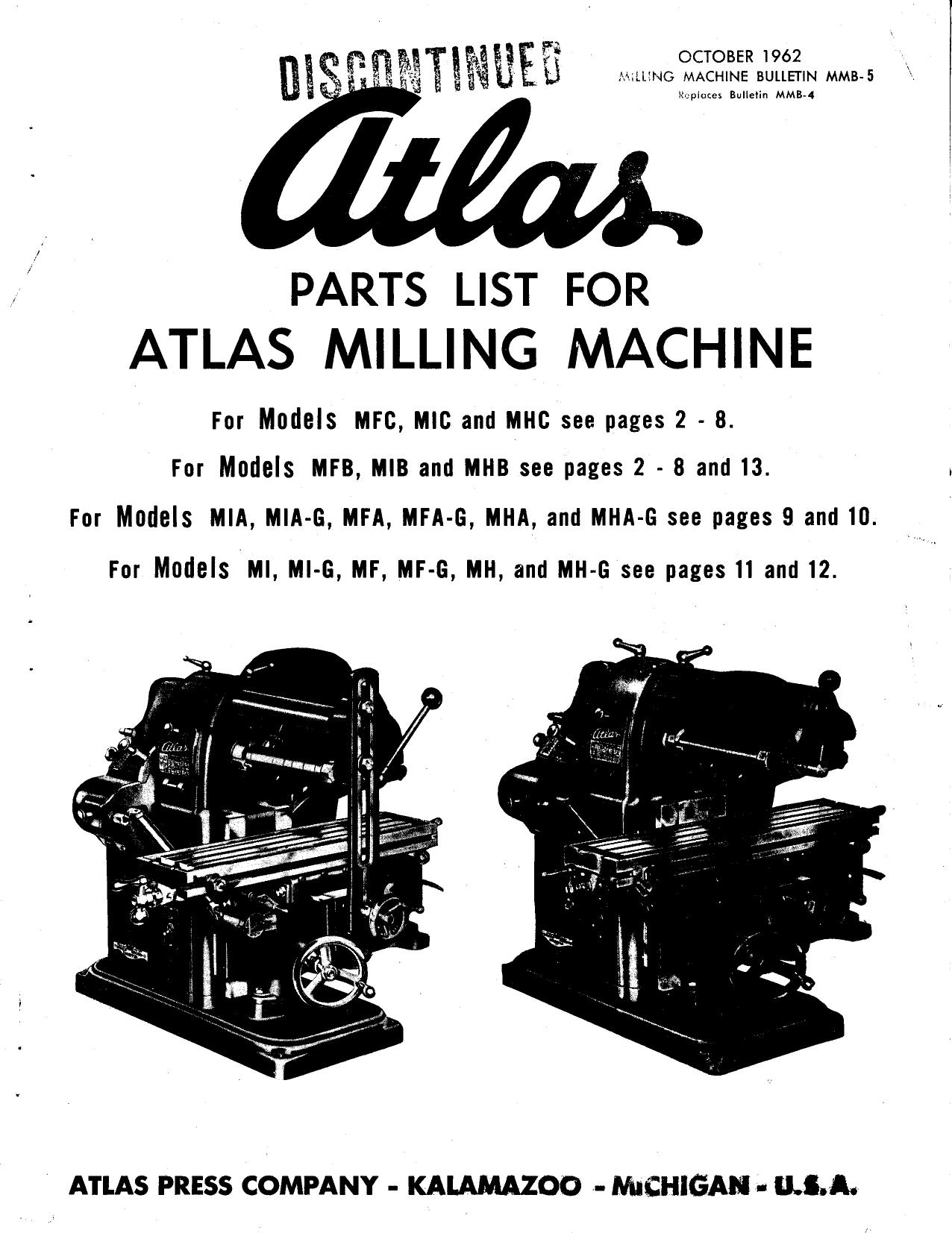 Manual and Parts List for Atlas milling machine by Unknown